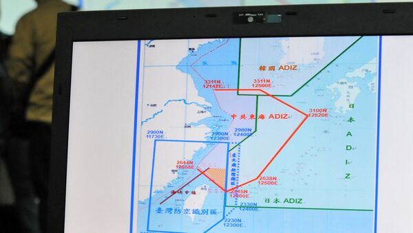 A map of Air Defence Identification Zone (ADIZ) in the East China Sea is displayed during a press conference in Taipei on December 2, 2013 - Sputnik International