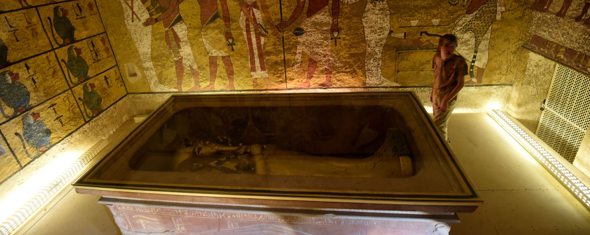 A picture taken on April 1, 2016, shows the golden sarcophagus of King Tutankhamun displayed in his burial chamber in the Valley of the Kings, close to Luxor, 500 kms south of the Egyptian capital Cairo - Sputnik International, 1920, 30.11.2019