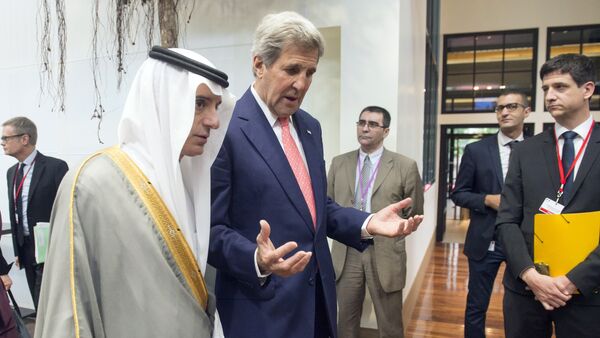 US Secretary of State John Kerry (R) speaks with Saudi Arabia's Foreign Minister Adel al-Jubeir (L) during an international and interministerial meeting in a bid to revive the Israeli-Palestinian peace process at the Ministry of Foreign Affairs Conference Center in Paris on June 3, 2016 - Sputnik International