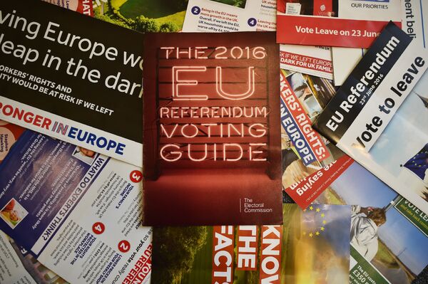 Leaflets delivered recently to British households, relating to the forthcoming European Union (EU) referendum, are arranged for a photograph in London on May 31, 2016. Leaflets delivered recently to British households, relating to the forthcoming European Union (EU) referendum, are arranged for a photograph in London on May 31, 2016. - Sputnik International