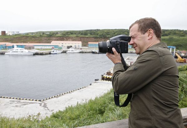 Russian Prime Minister Dmitry Medvedev on a tour of the Kurilsky port station in the township of Kitovy on Iturup, one of the Kuril Islands. (File) - Sputnik International