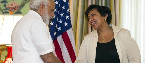 Attorney General Lorreta Lynch, right, and Indian Prime Minister Narendra Modi shake hands during a ceremony marking the repatriation of over 200 artifacts to the Indian government, at Blair House in Washington, Monday, June 6, 2016. Attorney General Lorreta Lynch, right, and Indian Prime Minister Narendra Modi shake hands during a ceremony marking the repatriation of over 200 artifacts to the Indian government, at Blair House in Washington, Monday, June 6, 2016. - Sputnik International
