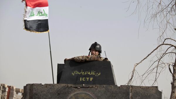 A soldier from Iraq's elite counterterrorism forces looks from the gun turret of a Humvee as troops gather on the edge of the Shuhada neighborhood in Islamic State-held Fallujah, Iraq - Sputnik International