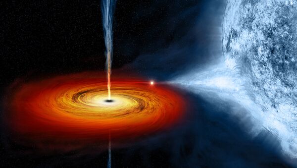 An artist's drawing a black hole named Cygnus X-1. It formed when a large star caved in. This black hole pulls matter from blue star beside it. - Sputnik International