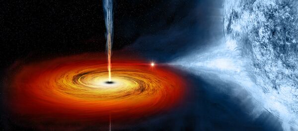 An artist's drawing a black hole named Cygnus X-1. It formed when a large star caved in. This black hole pulls matter from blue star beside it. An artist's drawing a black hole named Cygnus X-1. It formed when a large star caved in. This black hole pulls matter from blue star beside it. - Sputnik International