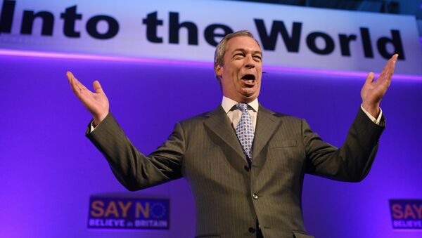 UK Independence Party (UKIP) leader Nigel Farage, reacts as he addresses delegates during his keynote speech to the UKIP National Conference at Doncaster Racecourse, in Doncaster, northern England on September 25, 2015. - Sputnik International