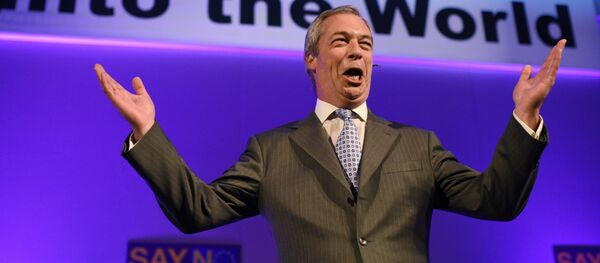 UK Independence Party (UKIP) leader Nigel Farage, reacts as he addresses delegates during his keynote speech to the UKIP National Conference at Doncaster Racecourse, in Doncaster, northern England on September 25, 2015. - Sputnik International