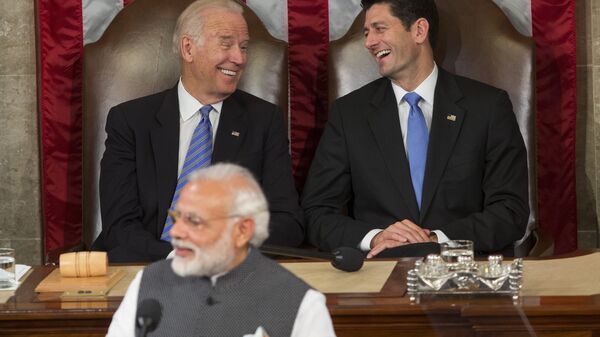 Vice President Joe Biden and House Speaker Paul Ryan of Wis., laugh as Indian Prime Minister Narendra Modi addresses a joint meeting of Congress on Capitol Hill in Washington, Wednesday, June 8, 2016. - Sputnik International
