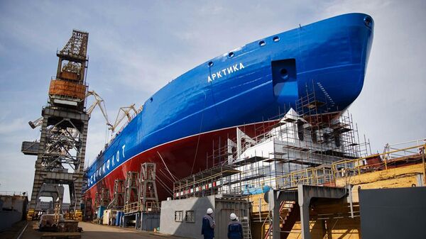 The Arktika, the first vessel in the series of three Project 22220 LK-60 Nuclear Icebreakers being built by Baltic Shipyard Shipbuilding. - Sputnik International