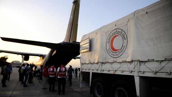 Humanitarian aid supplies are unloaded from a Czech military airplane into a Syrian Arab Red Crescent truck, after it landed in Damascus airport, Syria June 5, 2016 - Sputnik International