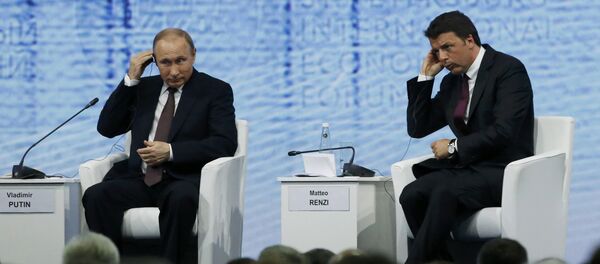 Russian President Vladimir Putin and Italian Prime Minister Matteo Renzi attend a session of the St. Petersburg International Economic Forum 2016 (SPIEF 2016) in St. Petersburg, Russia, June 17, 2016 Russian President Vladimir Putin and Italian Prime Minister Matteo Renzi attend a session of the St. Petersburg International Economic Forum 2016 (SPIEF 2016) in St. Petersburg, Russia, June 17, 2016 - Sputnik International
