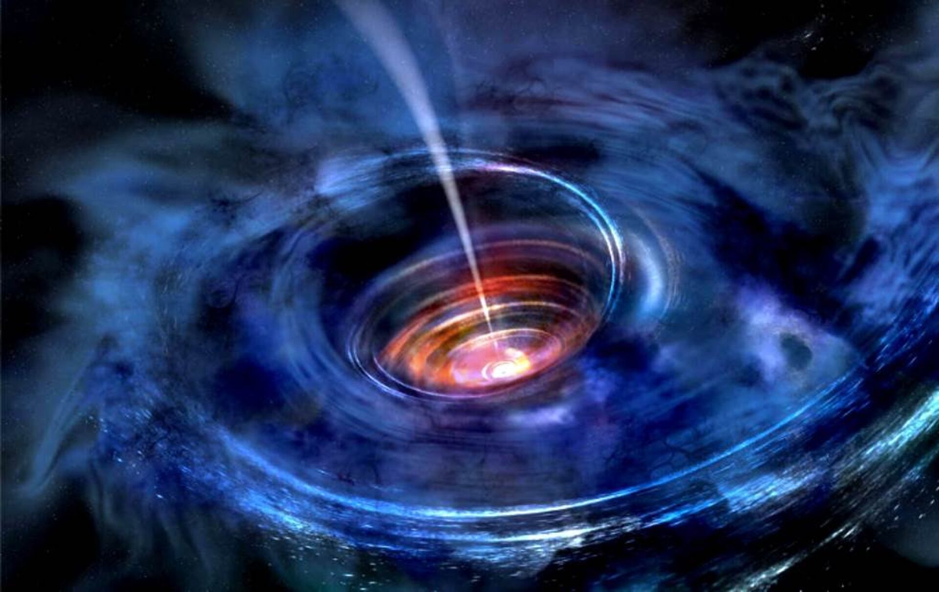 In this artist's rendering, a thick accretion disk has formed around a supermassive black hole following the tidal disruption of a star that wandered too close.  - Sputnik International, 1920, 16.11.2021