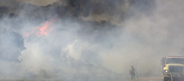 A firefighter is dwarfed by a burning mountain at the 6,500 acre Border Fire in eastern San Diego County, California, in the late afternoon on June 22, 2016. A firefighter is dwarfed by a burning mountain at the 6,500 acre Border Fire in eastern San Diego County, California, in the late afternoon on June 22, 2016. - Sputnik International