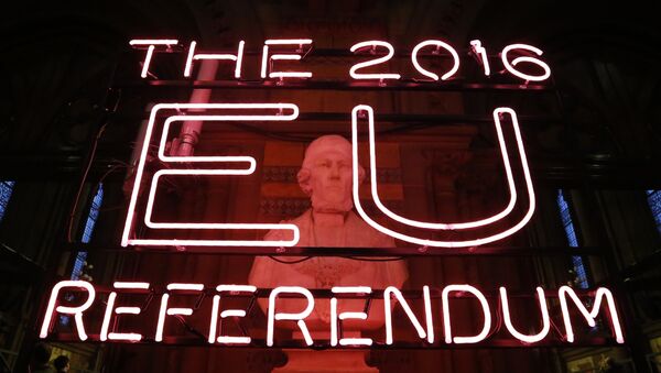 A neon sign for the 2016 referendum is attached to the doors of the announcement hall in Manchester Town Hall - Sputnik International