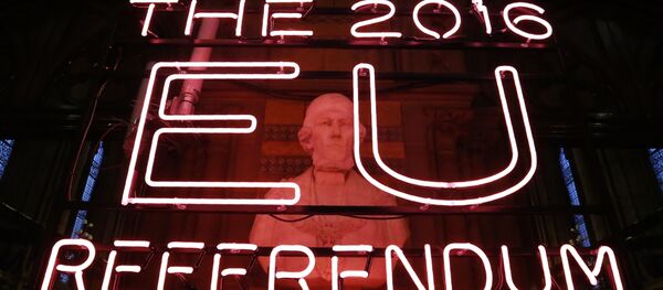 A neon sign for the 2016 referendum is attached to the doors of the announcement hall in Manchester Town Hall - Sputnik International