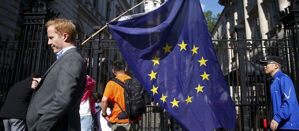 A man carries a EU flag, after Britain voted to leave the European Union, outside Downing Street in London, Britain June 24, 2016 - Sputnik International