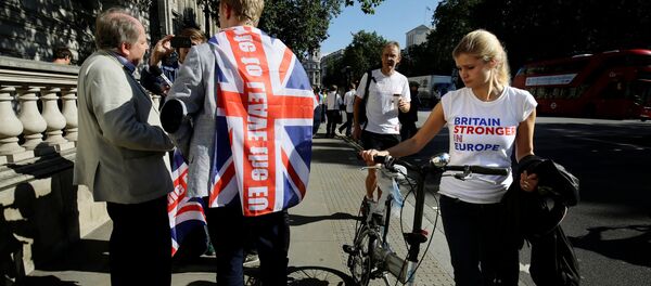 A vote remain supporter walks past a vote leave supporter outside Downing Street in London, Britain June 24, 2016 after Britain voted to leave the European Union. - Sputnik International