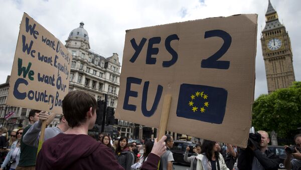 A demonstrator holds a placard during a protest against the outcome of the UK's June 23 referendum on the European Union (EU), in central London on June 25, 2016 - Sputnik International