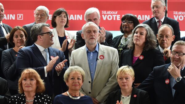 Leader of the British opposition Labour Party, Jeremy Corbyn (C), smiles as he poses with members of the shadow cabinet including Deputy leader Tom Watson (CL) and Shadow Health Secretary Heidi Alexander (CR), Labour Party and TUC members during a photocall for the 'Labour In for Britain' campaign in London, on June 14, 2016 calling for a remain vote in the EU referendum - Sputnik International