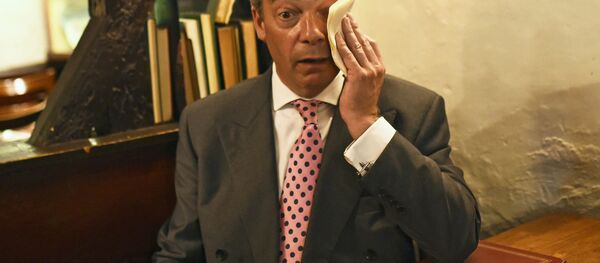 Nigel Farage, the leader of the United Kingdom Independence Party (UKIP), has a coffee in The Old Jail pub, after voting in the EU referendum, at a polling station in Biggin Hill, Britain June 23, 2016. - Sputnik International