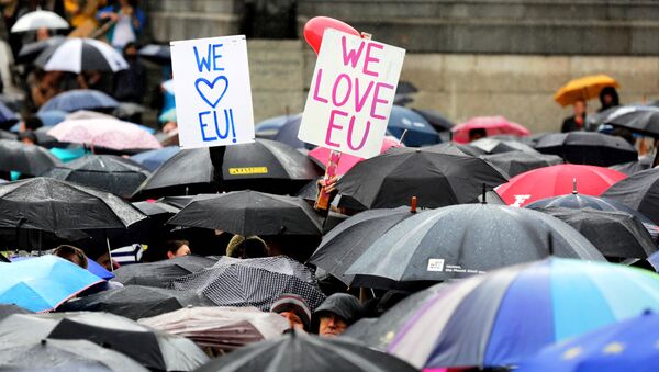 Demonstrators take part in a protest aimed at showing London's solidarity with the European Union following the recent EU referendum, in Trafalgar Square, central London, Britain June 28, 2016. - Sputnik International