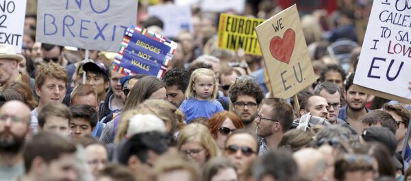 People hold banners during a 'March for Europe' demonstration against Britain's decision to leave the European Union, in central London, Britain July 2, 2016. - Sputnik International