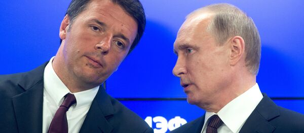 June 17, 2016. President Vladimir Putin (right) and Italian Prime Minister Matteo Renzi at the ceremony of signing documents summing up the results of the Russian-Italian talks at the 20th St. Petersburg International Economic Forum June 17, 2016. President Vladimir Putin (right) and Italian Prime Minister Matteo Renzi at the ceremony of signing documents summing up the results of the Russian-Italian talks at the 20th St. Petersburg International Economic Forum - Sputnik International