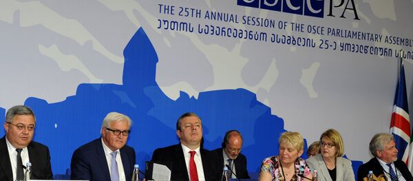 (From L) Chairman of Georgia's parliament, David Usupashvili, German Foreign Minister Frank-Walter Steinmeier, who currently chairs the Organisation for Security and Cooperation in Europe (OSCE) monitoring body, Georgia's Prime Minister, Giorgi Kvirikashvili, Treasurer of OSCE, Doris Barnett and Head of the Task Force for the 2016 German OSCE Chairmanship, Antje Leendertse attend the 25th Annual Session of the OSCE Parliamentary Assembly in Tbilisi on July 1, 2016 (From L) Chairman of Georgia's parliament, David Usupashvili, German Foreign Minister Frank-Walter Steinmeier, who currently chairs the Organisation for Security and Cooperation in Europe (OSCE) monitoring body, Georgia's Prime Minister, Giorgi Kvirikashvili, Treasurer of OSCE, Doris Barnett and Head of the Task Force for the 2016 German OSCE Chairmanship, Antje Leendertse attend the 25th Annual Session of the OSCE Parliamentary Assembly in Tbilisi on July 1, 2016 - Sputnik International