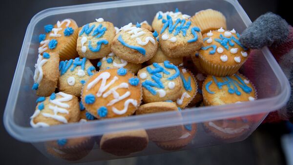 A demonstrator holds a tupperware of cakes with NHS (National Health Service) written on them outside Maudsley Hospital during a 24-hour strike by junior doctors over pay and conditions in London on February 10, 2016. - Sputnik International