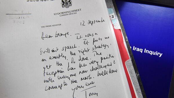 Detail of a declassified handwritten letter sent by the then British PM Tony Blair, to George Bush, is seen as part of the Iraq Inquiry Report, in London. - Sputnik International
