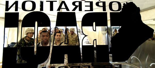 US soldiers from the 4th Infantry Division stand in a queue for their Christmas lunch out side a glass door where a logo of US army reading Operation Iraqi Freedom is pasted at a US base in Tikrit, 180 Kilometers (110 miles) north of Iraqi capital Baghdad, 25 December 2003 US soldiers from the 4th Infantry Division stand in a queue for their Christmas lunch out side a glass door where a logo of US army reading Operation Iraqi Freedom is pasted at a US base in Tikrit, 180 Kilometers (110 miles) north of Iraqi capital Baghdad, 25 December 2003 - Sputnik International