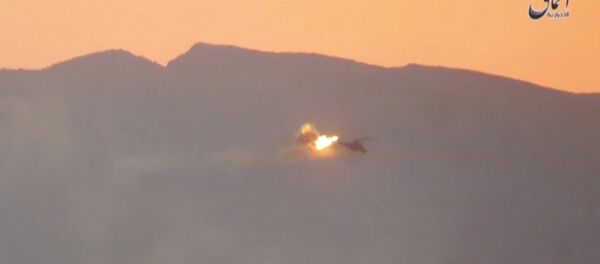 A still image taken on July 10, 2016 from a video posted by Islamic State's affiliated news agency Amaq purportedly shows the moment a helicopter is shot down east of Palmyra in Syria. A still image taken on July 10, 2016 from a video posted by Islamic State's affiliated news agency Amaq purportedly shows the moment a helicopter is shot down east of Palmyra in Syria. - Sputnik International