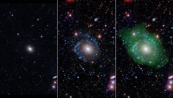 At left, in optical light, UGC 1382 appears to be a simple elliptical galaxy. But spiral arms emerged when astronomers incorporated ultraviolet and deep optical data (middle). Combining that with a view of low-density hydrogen gas (shown in green at right), scientists discovered that UGC 1382 is gigantic. - Sputnik International