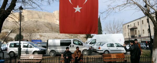 Syrian men sit under a Turkish flag in Gaziantep, southern Turkey (File) Syrian men sit under a Turkish flag in Gaziantep, southern Turkey (File) - Sputnik International