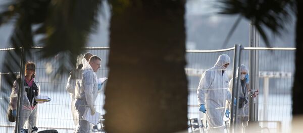 French forensic police continue their investigation as they gather clues the day after a truck at high speed ran into a crowd killing scores celebrating the Bastille Day July 14 national holiday on the Promenade des Anglais in Nice, France, July 15, 2016. - Sputnik International
