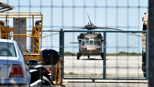 A Turkish military helicopter lands in the northern Greek city of Alexandroupolis with eight men on board who have requested political asylum after the attempted coup in Turkey, July 16, 2016. - Sputnik International