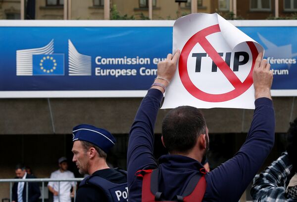 A demonstrator holds a sign during a protest outside a congress centre where negotiators are expected to discuss the 14th Round of the Transatlantic Trade and Investment Partnership (TTIP) in Brussels, Belgium, July 12, 2016. A demonstrator holds a sign during a protest outside a congress centre where negotiators are expected to discuss the 14th Round of the Transatlantic Trade and Investment Partnership (TTIP) in Brussels, Belgium, July 12, 2016. - Sputnik International
