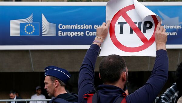 A demonstrator holds a sign during a protest outside a congress centre where negotiators are expected to discuss the 14th Round of the Transatlantic Trade and Investment Partnership (TTIP) in Brussels, Belgium, July 12, 2016. - Sputnik International