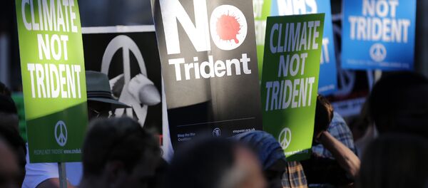 Demonstrators hold placards calling for government funds to be spent on the NHS and climate change, as they attend an anti-war and anti-trident demonstration near the Houses of Parliament in central London on July 18, 2016 - Sputnik International