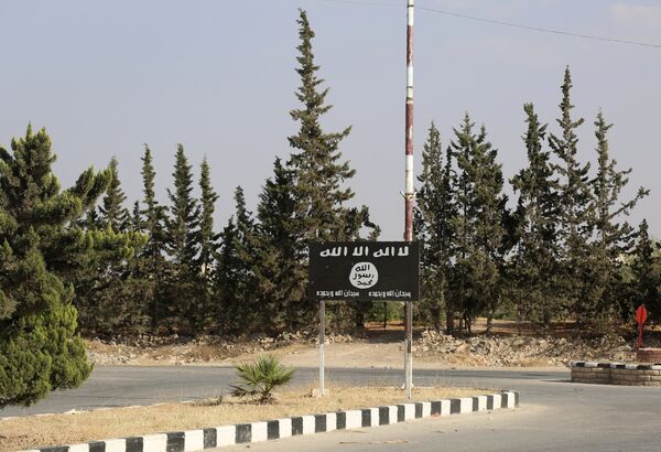 An Islamic State (IS) group flag is seen on a road in the jihadist's group bastion of Manbij, in northern Syria (File) - Sputnik International
