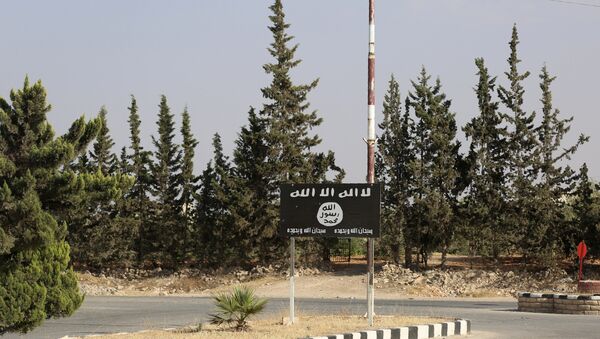 An Islamic State (IS) group flag is seen on a road in the jihadist's group bastion of Manbij, in northern Syria (File) - Sputnik International
