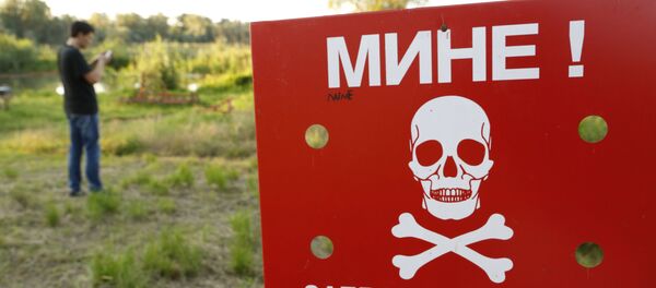 A Bosnian man plays the Pokemon game on his phone as he stands near a sign warning of a Minefield, near the Bosnian town of Brcko, on Tuesday, July 19, 2016 - Sputnik International