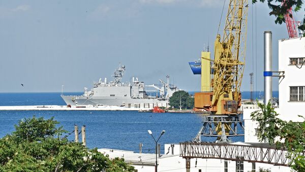 The USS Whidbey Island dock landing ship which arrived for the Sea Breeze 2016 exercise is seen here in Odessa port. - Sputnik International