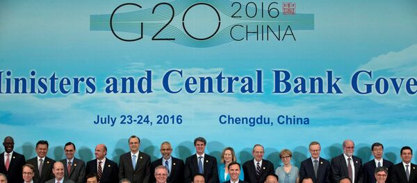 G20 Finance Ministers and Central Bank Governors during a group photo in Chengdu in Southwestern China's Sichuan province, Sunday, July 24, 2016. - Sputnik International