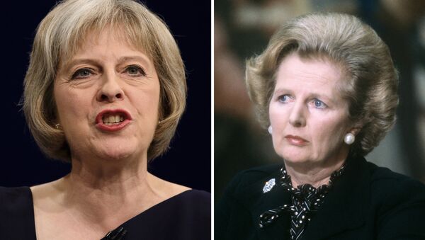 A combination of handout pictures made on July 13, 2016, shows the new leader of Britain's Conservative Party and future British Prime Minister Theresa May (L) and former British Prime Minister Margaret Thatcher. - Sputnik International