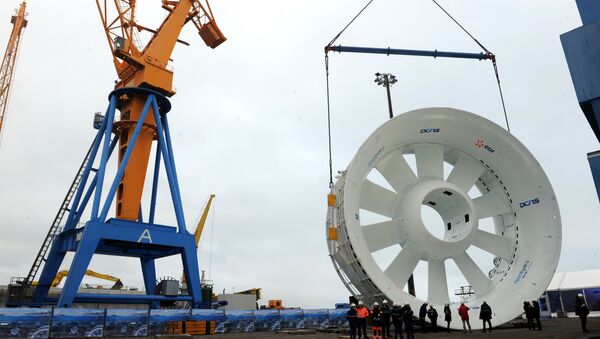 A hydrolienne (tidal marine turbine) is pictured on December 18, 2014 in Brest, western of France - Sputnik International