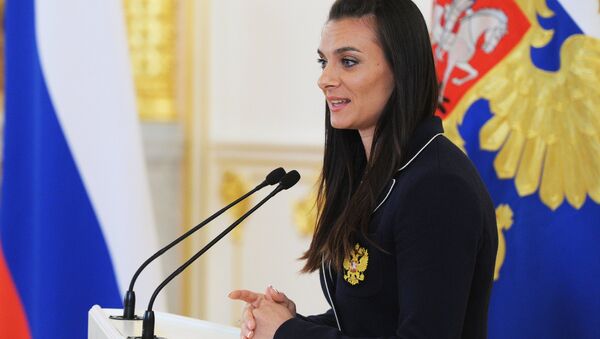 July 27, 2016. Two-time Olympic champion Yelena Isinbayeva addresses the meeting with the national Olympic team held by Russian President Vladimir Putin in the Kremlin's Alexander Hall - Sputnik International