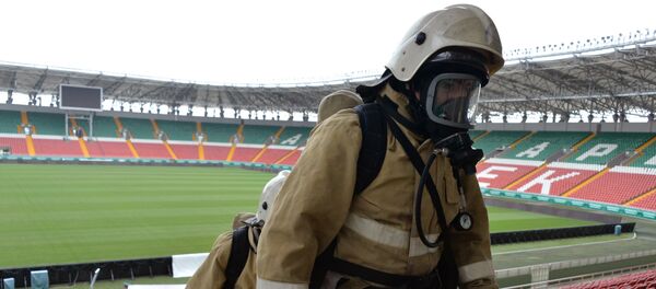 Emergencies Ministry employees during a fire and tactical exercise as part of the preparation for the 2018 FIFA World Cup at the Akhmat Arena stadium in Grozny Emergencies Ministry employees during a fire and tactical exercise as part of the preparation for the 2018 FIFA World Cup at the Akhmat Arena stadium in Grozny - Sputnik International