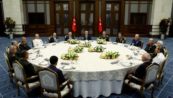 Turkey's President Tayyip Erdogan (C) meets with Turkey's Prime Minister Binali Yildirim (8th L), Chief of Staff General Hulusi Akar (7th R) and the members of High Military Council around a dinner table at the Presidential Palace in Ankara, Turkey, July 28, 2016 - Sputnik International