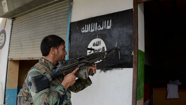 An Afghan soldier points his gun at an Islamic State group banner as he patrols during ongoing clashes in Kot District in eastern Nangarhar province - Sputnik International